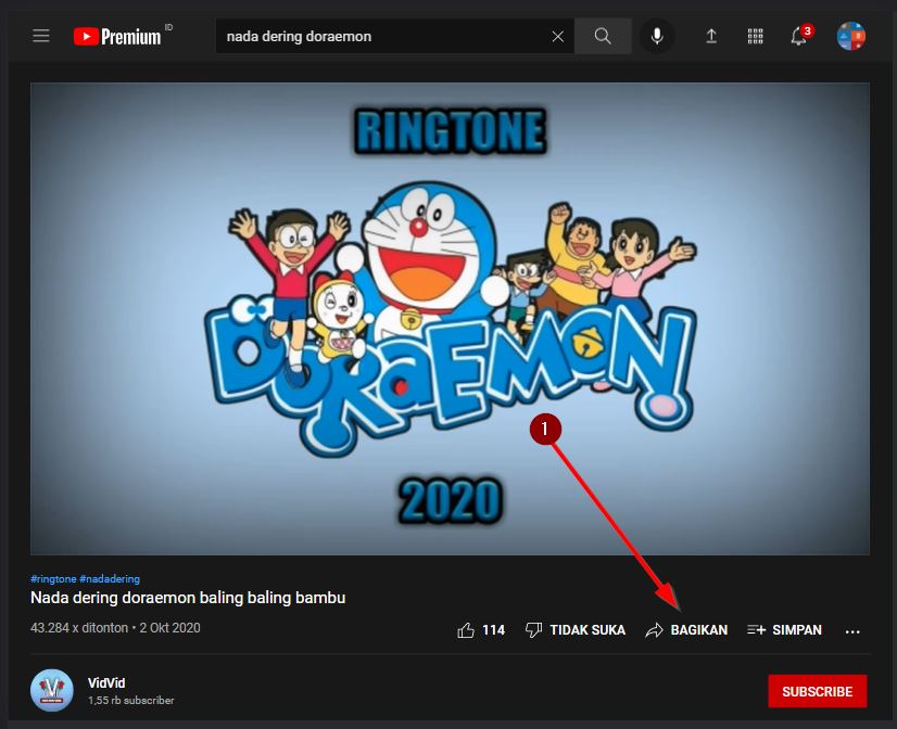 Tombol Share Untuk Copy Link Video Nada Dering Doraemon Di Youtube
